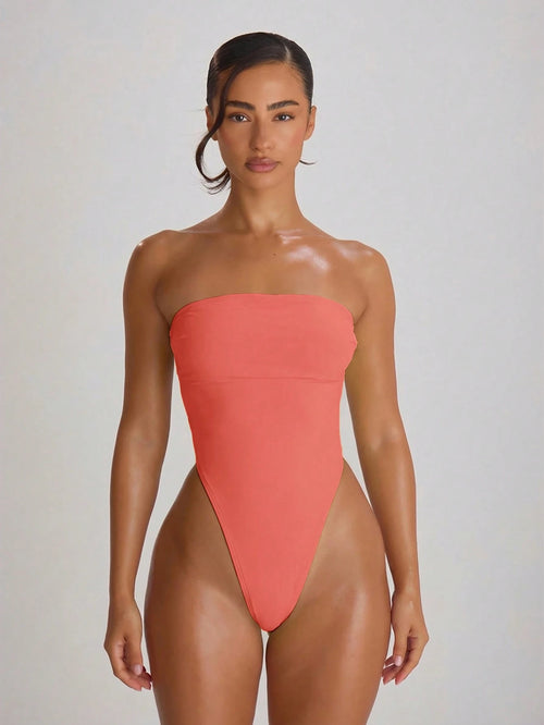 Musera Resort High Leg Bandeau Cut Out Back Swimsuit Bathing Suits Swim Vacation Holiday Summer Travel Beachwear Basics Solid Colour Swimwear Resort Core