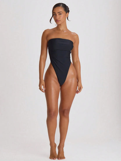 Musera Resort High Leg Bandeau Cut Out Back Swimsuit Bathing Suits Swim Vacation Holiday Summer Travel Beachwear Basics Solid Colour Swimwear Resort Core