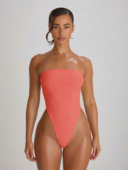 Musera Resort High Leg Bandeau Cut Out Back Swimsuit Bathing Suits Swim Vacation Holiday Summer Travel Beachwear Basics Solid Colour Swimwear Resort Core