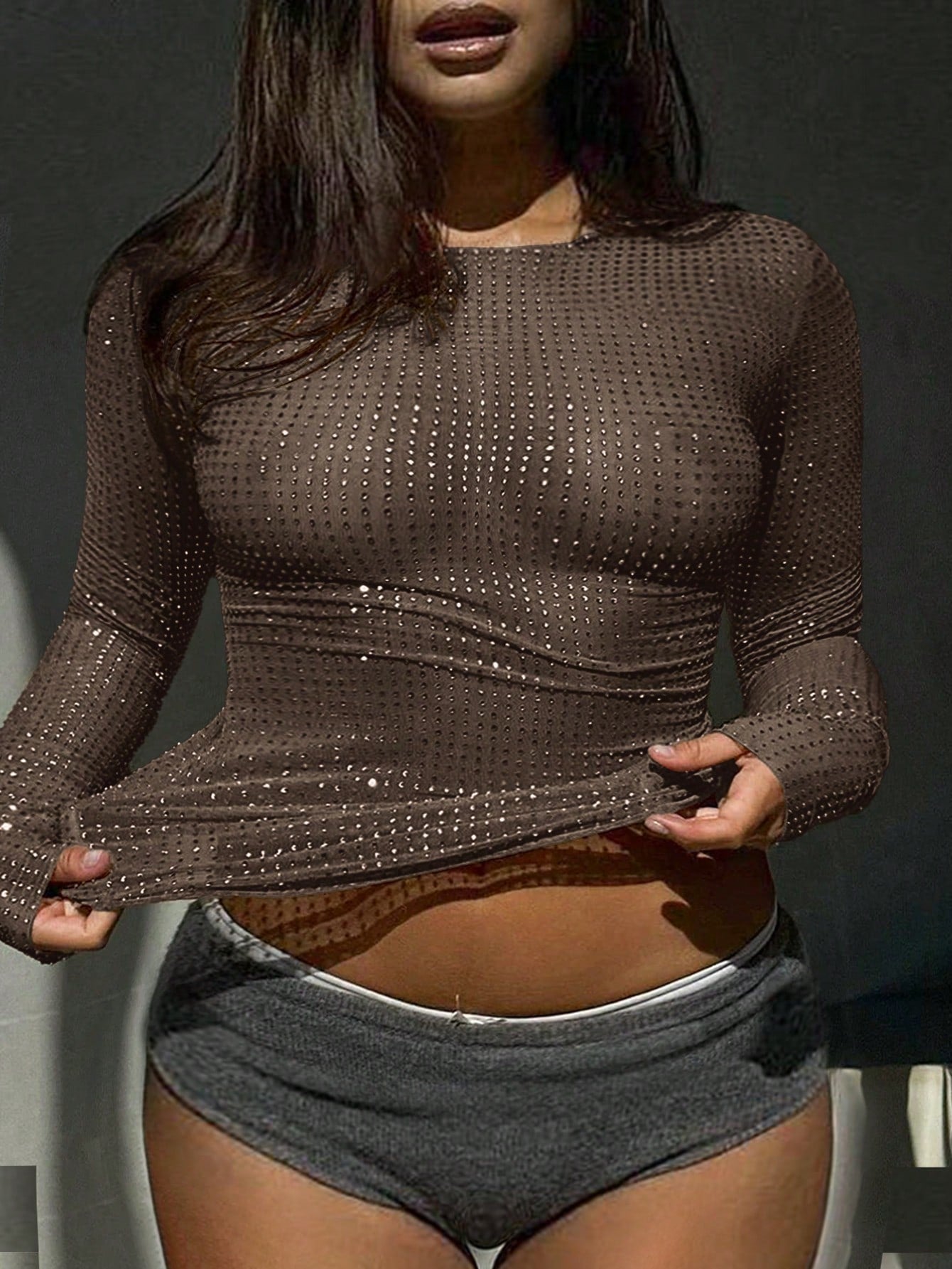 Music Carnival Plus Size Women's Fashion Sexy Sparkling Rhinestones See-Through Hot Girl Slim Fit Elegant Versatile Long Sleeve Round Neck Top