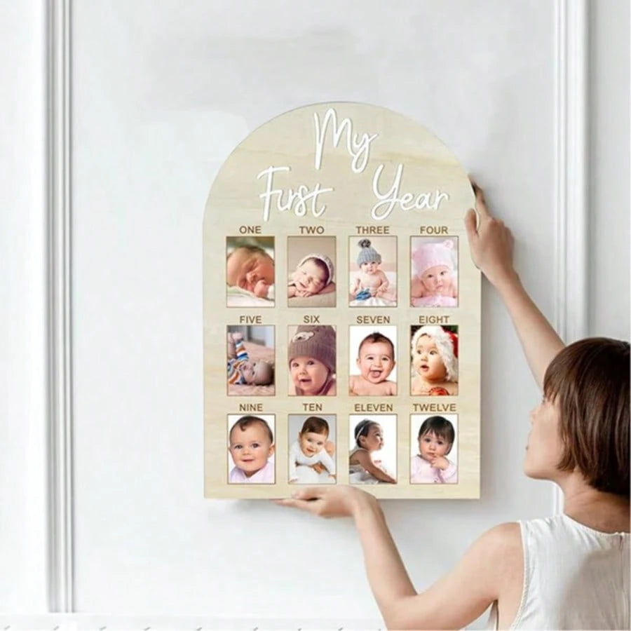 My First Year Arch Photo Frame, Natural Wooden Monthly Milestone Photo Board For Baby Birthday Party Decorations