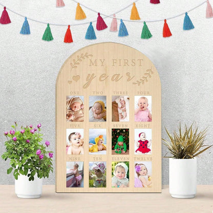 My First Year Arch Photo Frame, Natural Wooden Monthly Milestone Photo Board For Baby Birthday Party Decorations