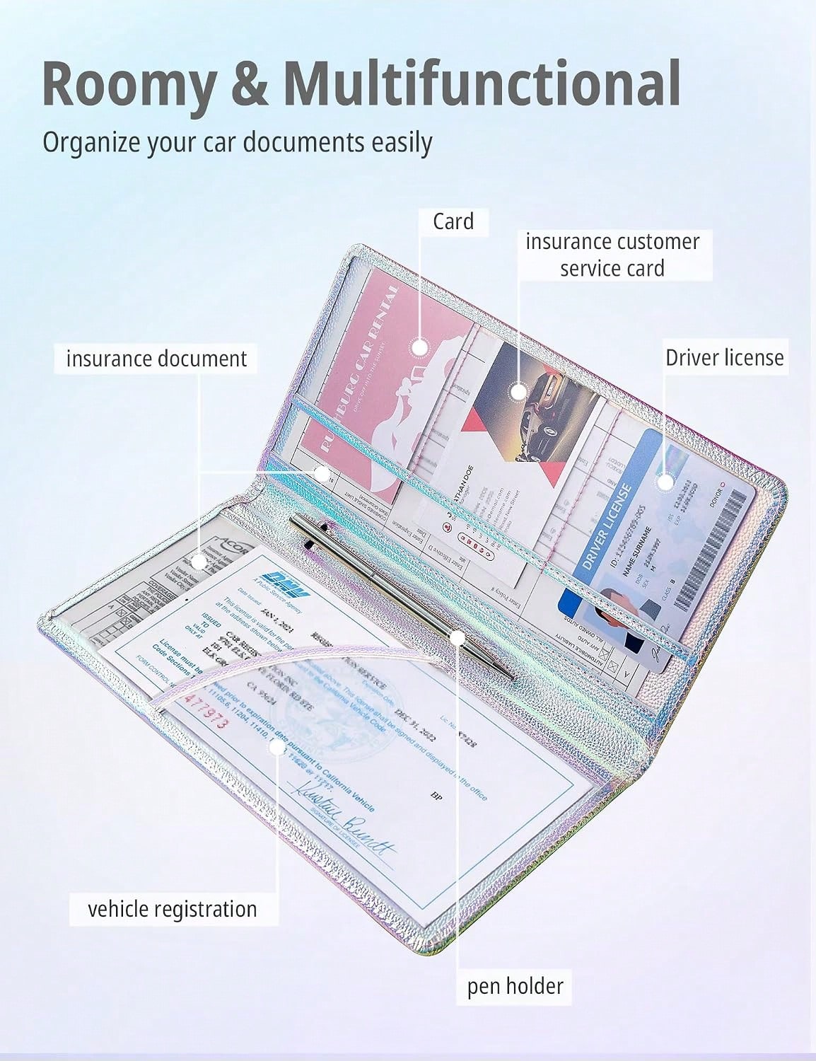 Mymazn Car Registration And Insurance Holder, PU Leather Glove Box Car Organizer With Magnetic Closure, Car Document Holder For Driver'S License &Amp; Essential Documents (Iridescent Blue)