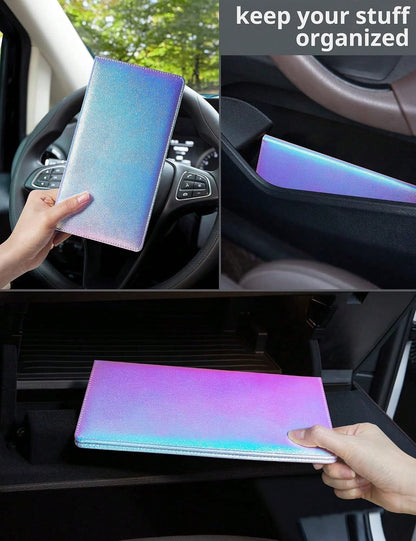 Mymazn Car Registration And Insurance Holder, PU Leather Glove Box Car Organizer With Magnetic Closure, Car Document Holder For Driver'S License &Amp; Essential Documents (Iridescent Blue)