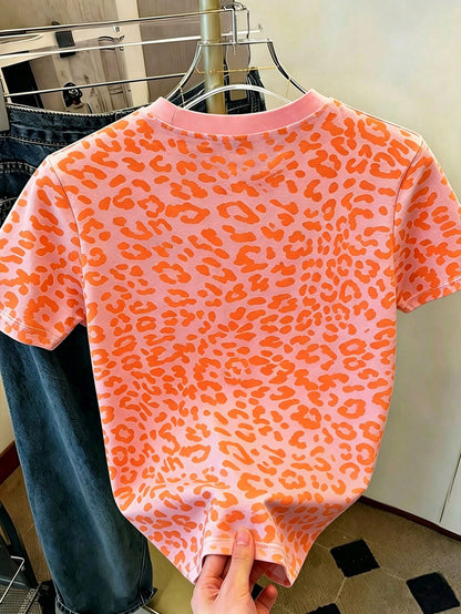 Neon Orange Leopard Print Rosa Summer Clothes For Women, Women's Casual Round Neck Short Sleeve Simple T-Shirt