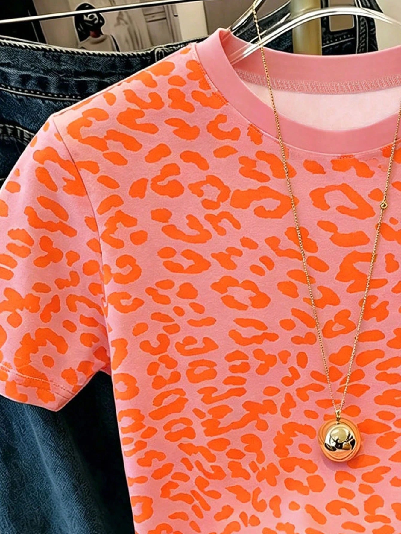 Neon Orange Leopard Print Rosa Summer Clothes For Women, Women's Casual Round Neck Short Sleeve Simple T-Shirt