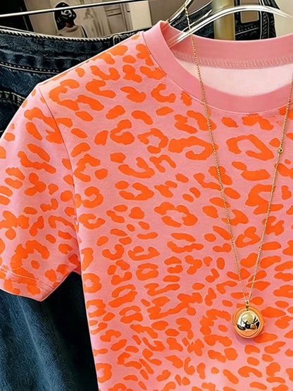 Neon Orange Leopard Print Rosa Summer Clothes For Women, Women's Casual Round Neck Short Sleeve Simple T-Shirt