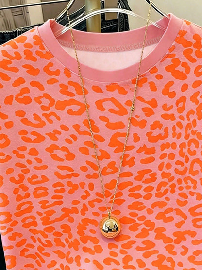 Neon Orange Leopard Print Rosa Summer Clothes For Women, Women's Casual Round Neck Short Sleeve Simple T-Shirt