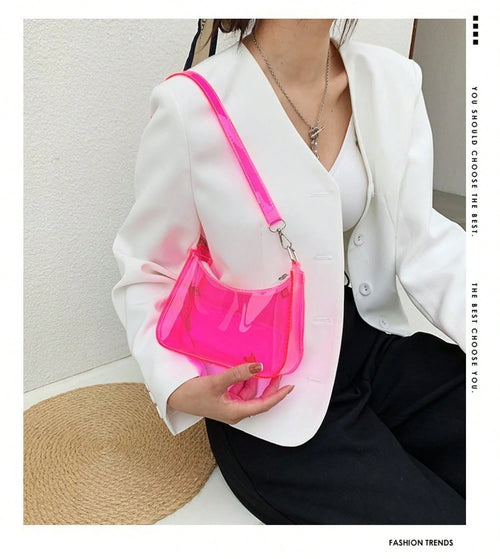 Neon Transparent PVC Baguette Underarm Bag, Detachable Adjustable Strap Y2K Shoulder Purse, Multi Bright Color Hobo Handbag Beach & Fes