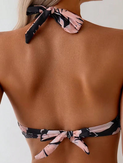 New Arrival European And American Style High Waist Hollow Tropical Plant Print Bikini Set, Sexy Open Back Design Vacation Beach Summer