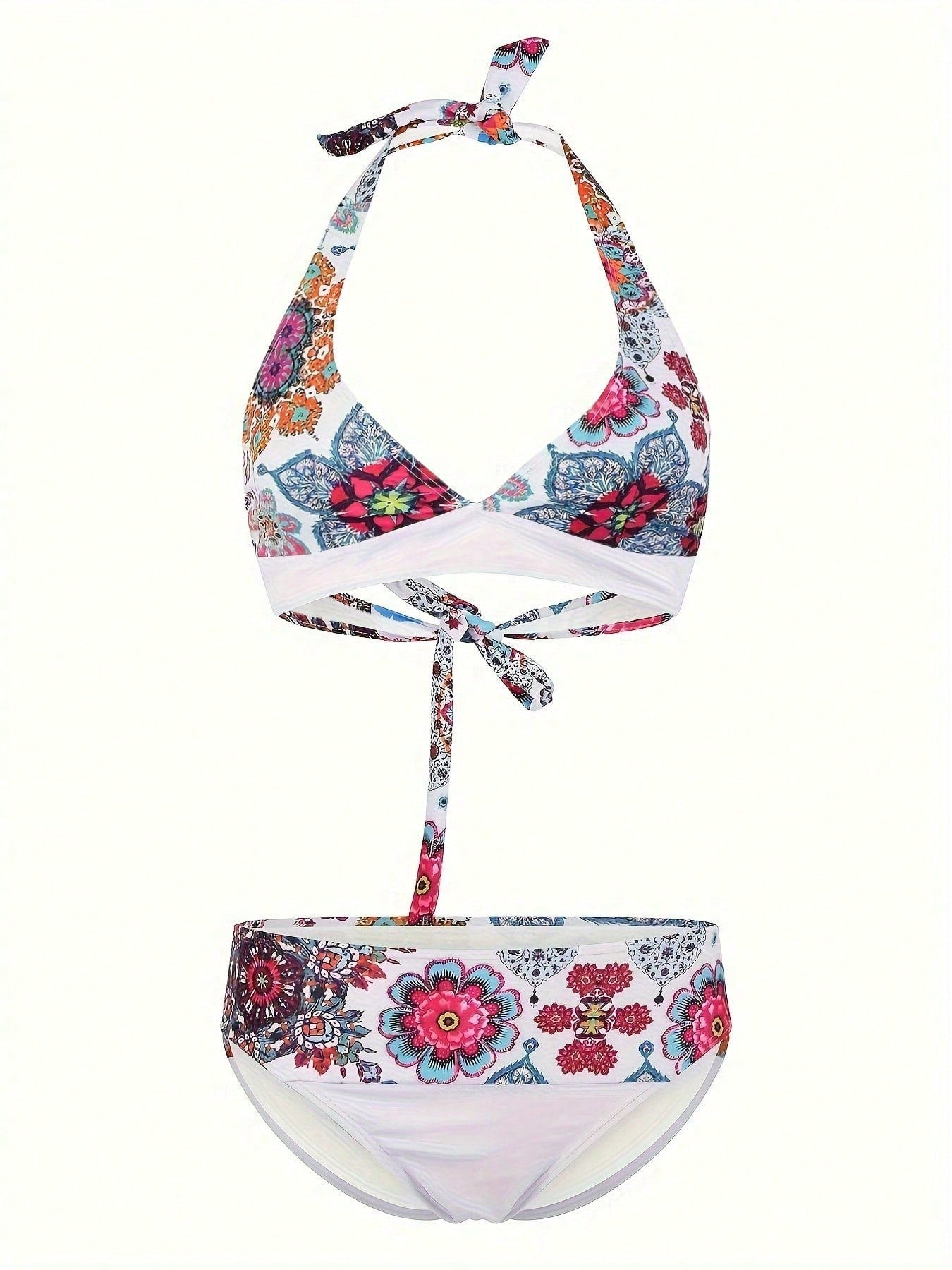 New Arrival European And American Style High Waist Hollow Tropical Plant Print Bikini Set, Sexy Open Back Design Vacation Beach Summer