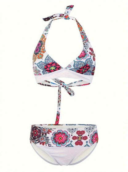 New Arrival European And American Style High Waist Hollow Tropical Plant Print Bikini Set, Sexy Open Back Design Vacation Beach Summer