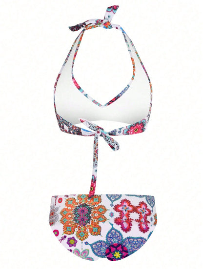 New Arrival European And American Style High Waist Hollow Tropical Plant Print Bikini Set, Sexy Open Back Design Vacation Beach Summer