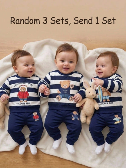 New Born Baby Cartoon Bear Print Long Sleeve Sweatshirt And Pants Casual Cute Kawaii Set Family Matching Navy And White Navy Blue Autumn
