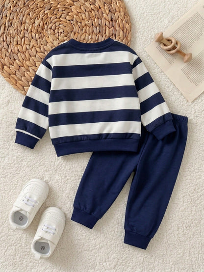 New Born Baby Cartoon Bear Print Long Sleeve Sweatshirt And Pants Casual Cute Kawaii Set Family Matching Navy And White Navy Blue Autumn