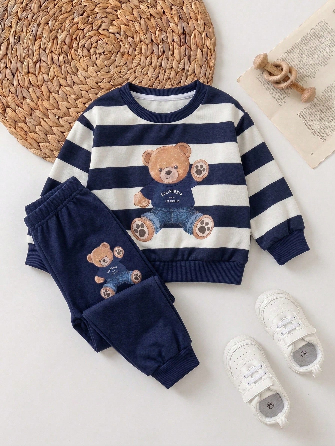 New Born Baby Cartoon Bear Print Long Sleeve Sweatshirt And Pants Casual Cute Kawaii Set Family Matching Navy And White Navy Blue Autumn