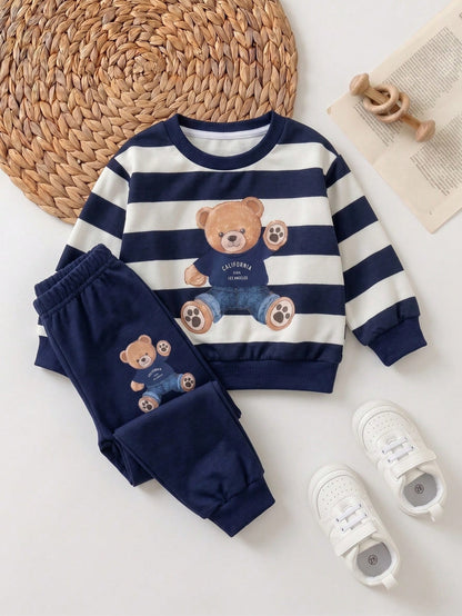 New Born Baby Cartoon Bear Print Long Sleeve Sweatshirt And Pants Casual Cute Kawaii Set Family Matching Navy And White Navy Blue Autumn