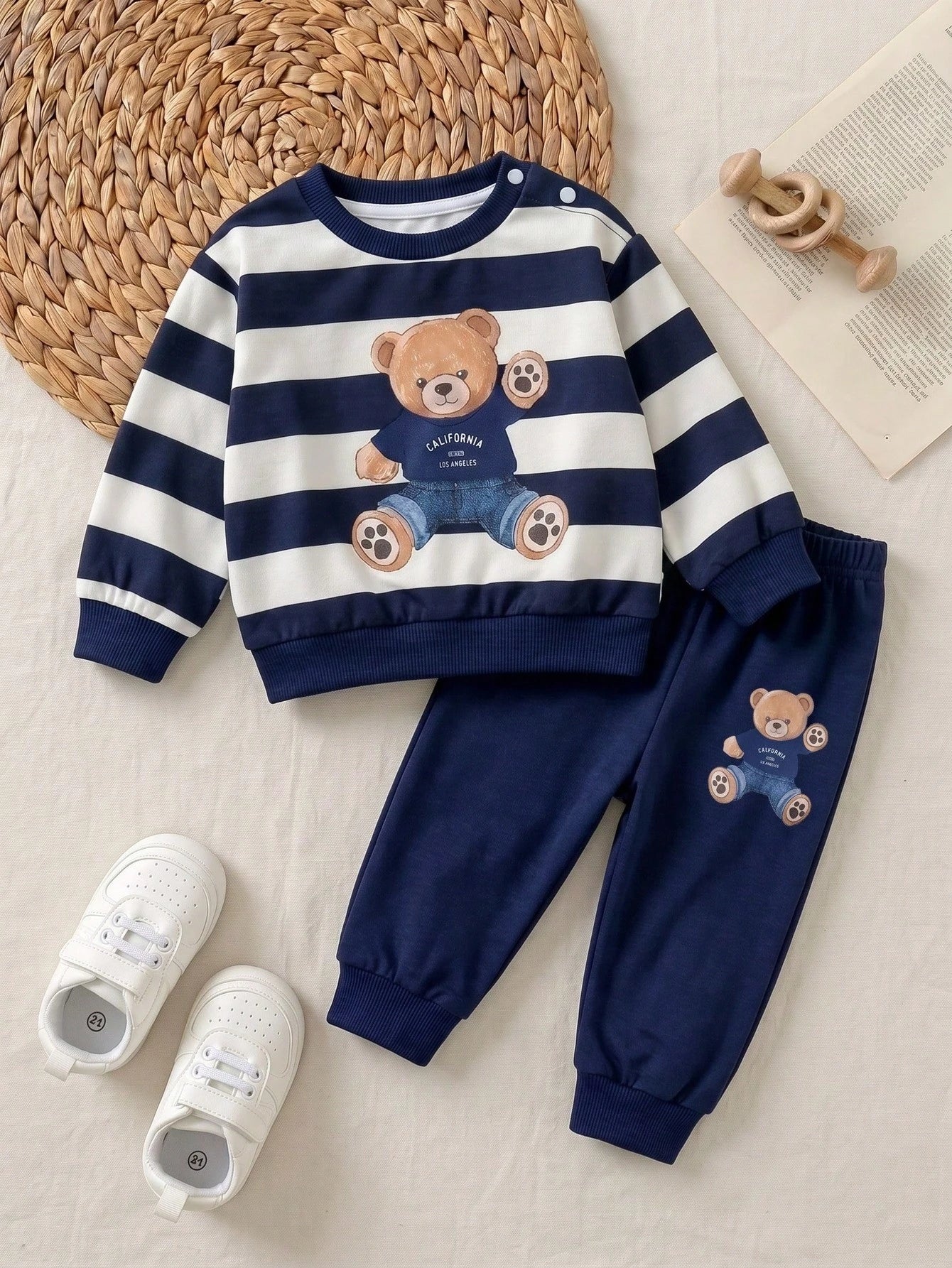 New Born Baby Cartoon Bear Print Long Sleeve Sweatshirt And Pants Casual Cute Kawaii Set Family Matching Navy And White Navy Blue Autumn