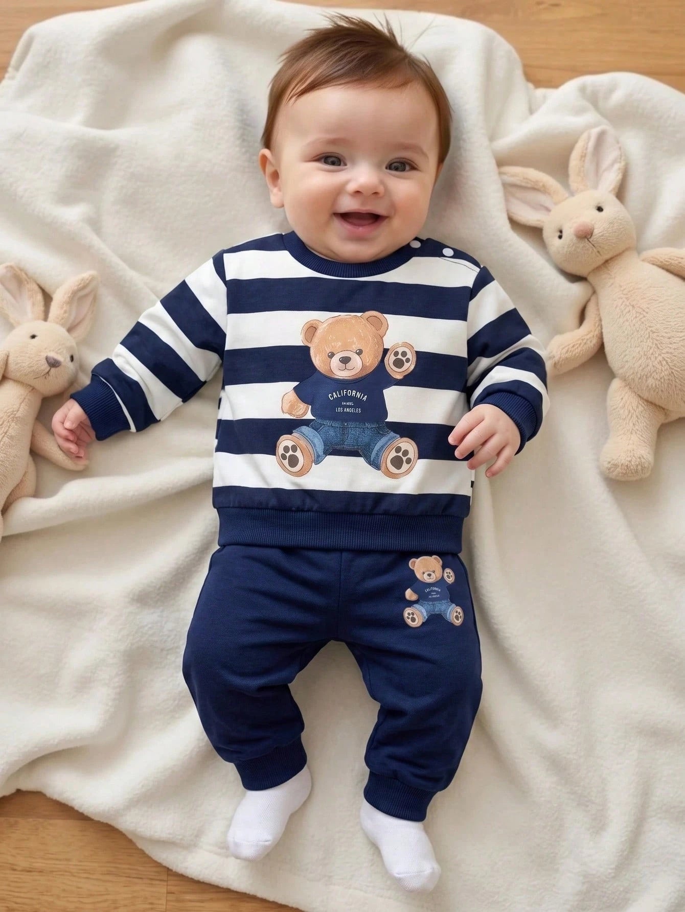 New Born Baby Cartoon Bear Print Long Sleeve Sweatshirt And Pants Casual Cute Kawaii Set Family Matching Navy And White Navy Blue Autumn