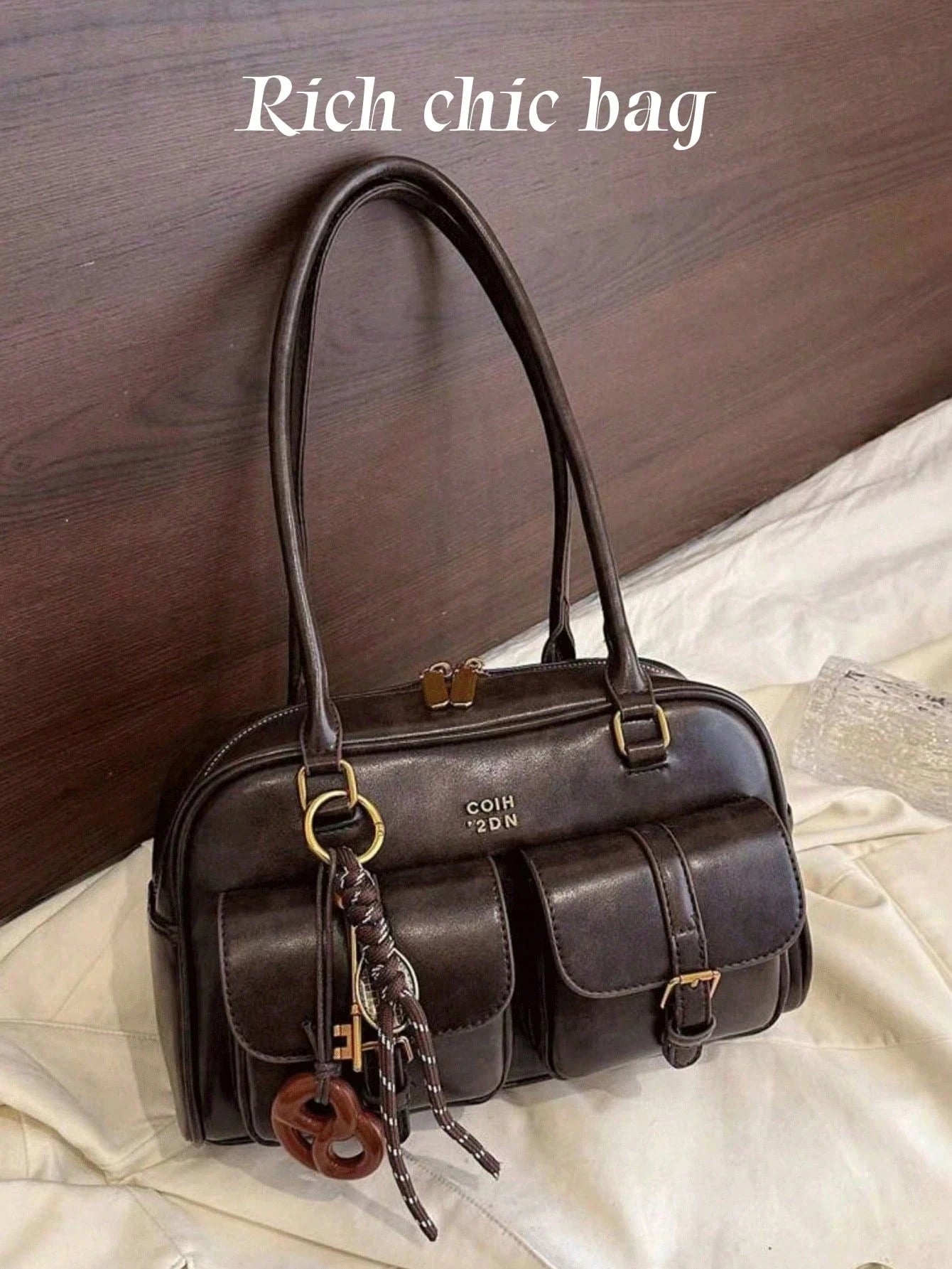 New Bread Knot Pendant Multi-Pocket Pillow Bag,Letter Pattern Decoration Design,Fashionable Coffee Brown Underarm BagShoulder Bag, Y2K Aesthetic