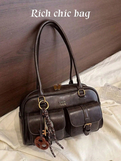 New Bread Knot Pendant Multi-Pocket Pillow Bag,Letter Pattern Decoration Design,Fashionable Coffee Brown Underarm BagShoulder Bag, Y2K Aesthetic