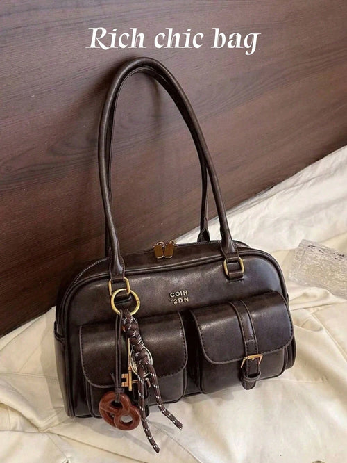 New Bread Knot Pendant Multi-Pocket Pillow Bag,Letter Pattern Decoration Design,Fashionable Coffee Brown Underarm BagShoulder Bag, Y2K Aesthetic