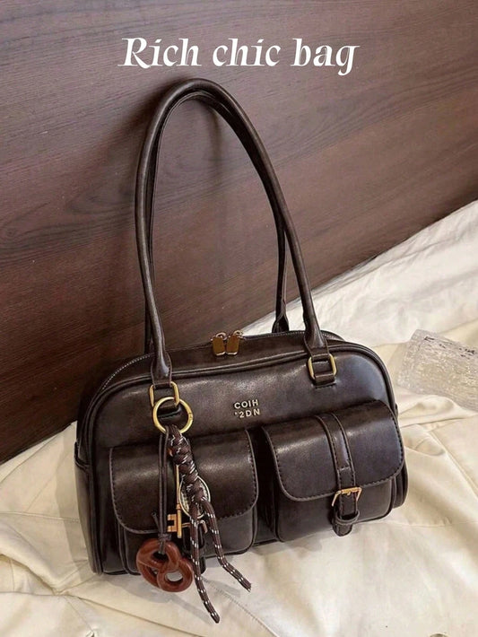 New Bread Knot Pendant Multi-Pocket Pillow Bag,Letter Pattern Decoration Design,Fashionable Coffee Brown Underarm BagShoulder Bag, Y2K Aesthetic