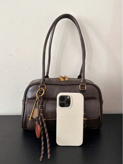 New Bread Knot Pendant Multi-Pocket Pillow Bag,Letter Pattern Decoration Design,Fashionable Coffee Brown Underarm BagShoulder Bag, Y2K Aesthetic