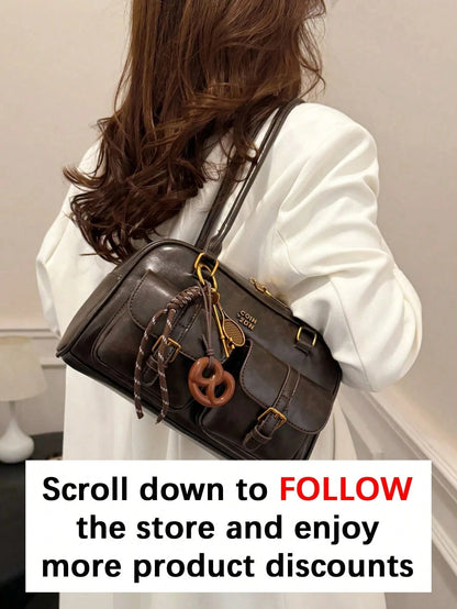New Bread Knot Pendant Multi-Pocket Pillow Bag,Letter Pattern Decoration Design,Fashionable Coffee Brown Underarm BagShoulder Bag, Y2K Aesthetic