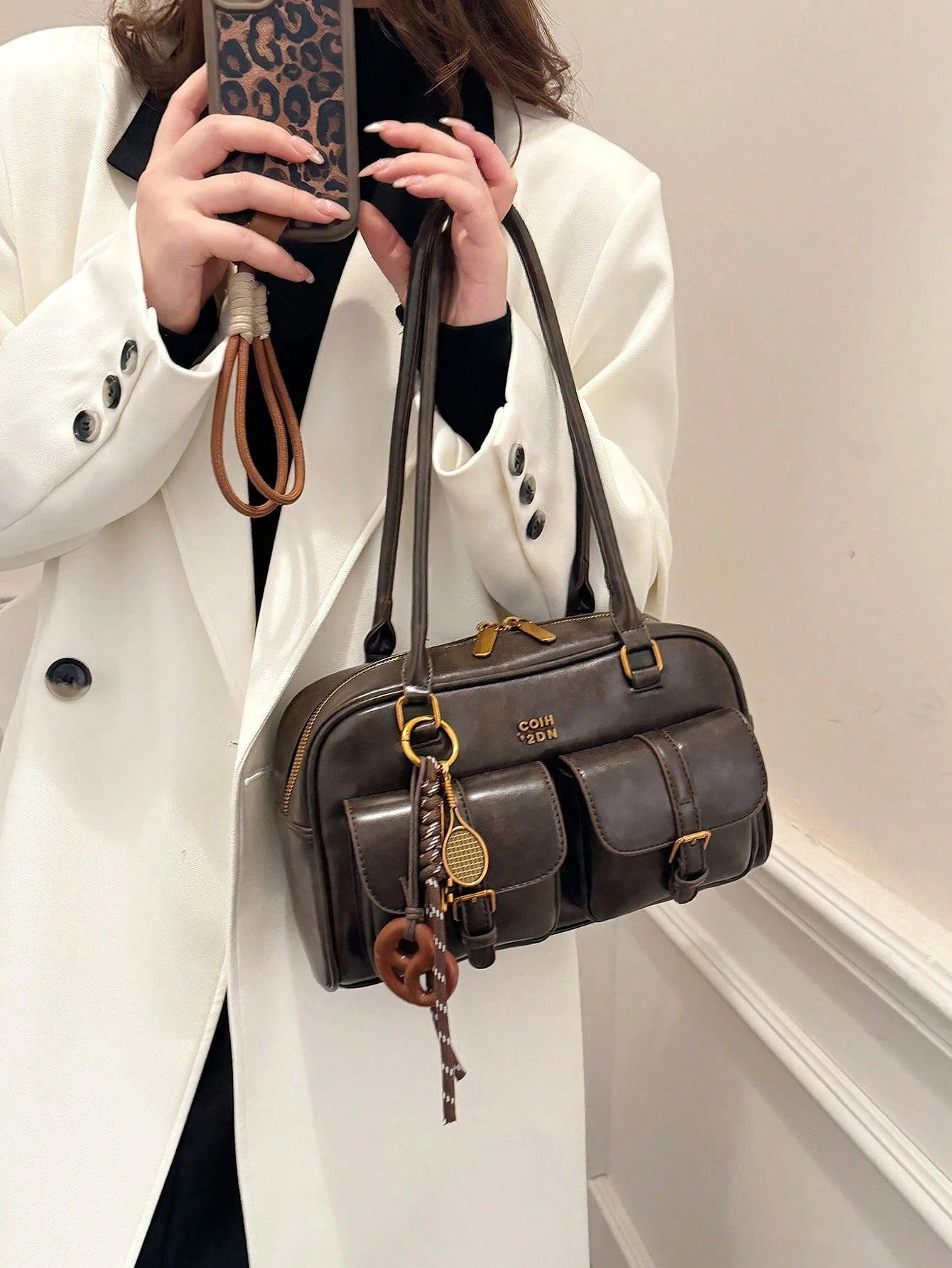 New Bread Knot Pendant Multi-Pocket Pillow Bag,Letter Pattern Decoration Design,Fashionable Coffee Brown Underarm BagShoulder Bag, Y2K Aesthetic