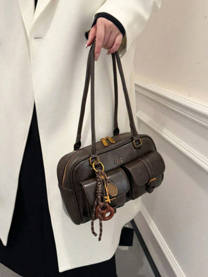 New Bread Knot Pendant Multi-Pocket Pillow Bag,Letter Pattern Decoration Design,Fashionable Coffee Brown Underarm BagShoulder Bag, Y2K Aesthetic