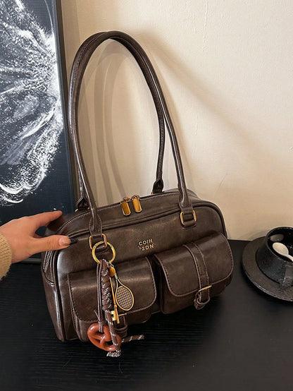 New Bread Knot Pendant Multi-Pocket Pillow Bag,Letter Pattern Decoration Design,Fashionable Coffee Brown Underarm BagShoulder Bag, Y2K Aesthetic