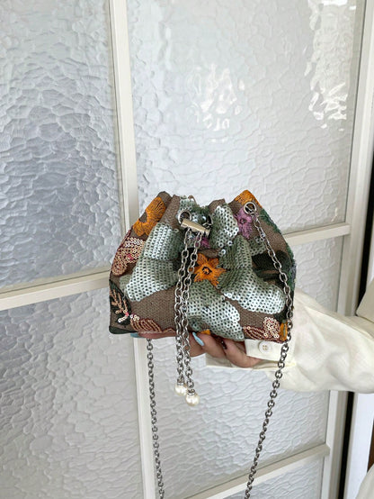 New Chinese Style Retro National Style Bucket Bag For Women, New Craftsmanship Mesh Embroidery Floral Sequin Chain Crossbody Bag