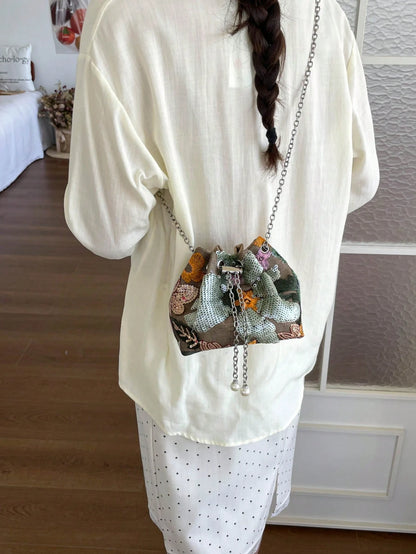 New Chinese Style Retro National Style Bucket Bag For Women, New Craftsmanship Mesh Embroidery Floral Sequin Chain Crossbody Bag