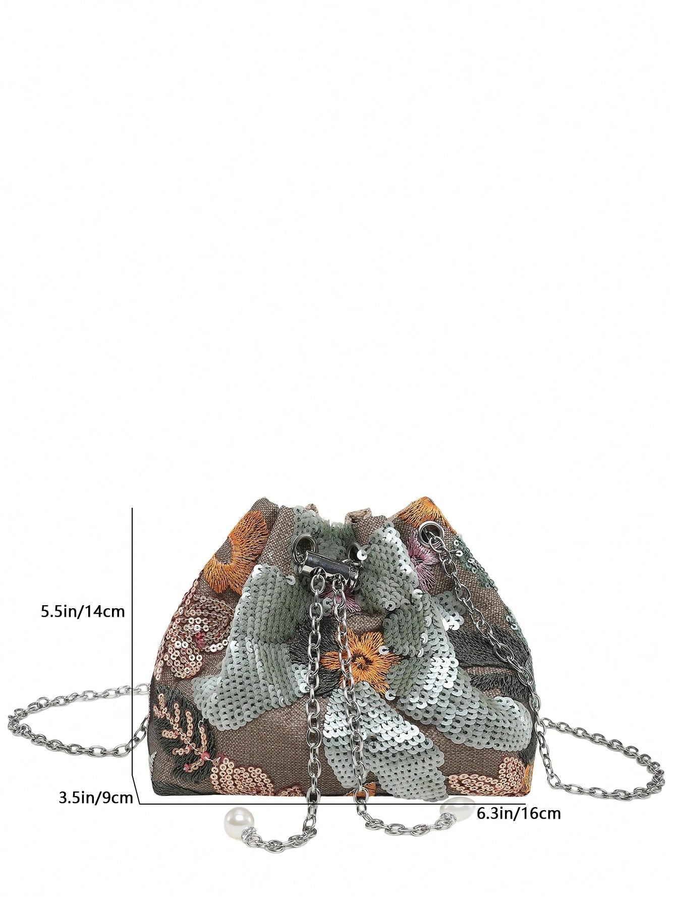 New Chinese Style Retro National Style Bucket Bag For Women, New Craftsmanship Mesh Embroidery Floral Sequin Chain Crossbody Bag