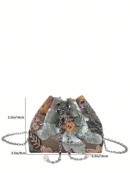 New Chinese Style Retro National Style Bucket Bag For Women, New Craftsmanship Mesh Embroidery Floral Sequin Chain Crossbody Bag