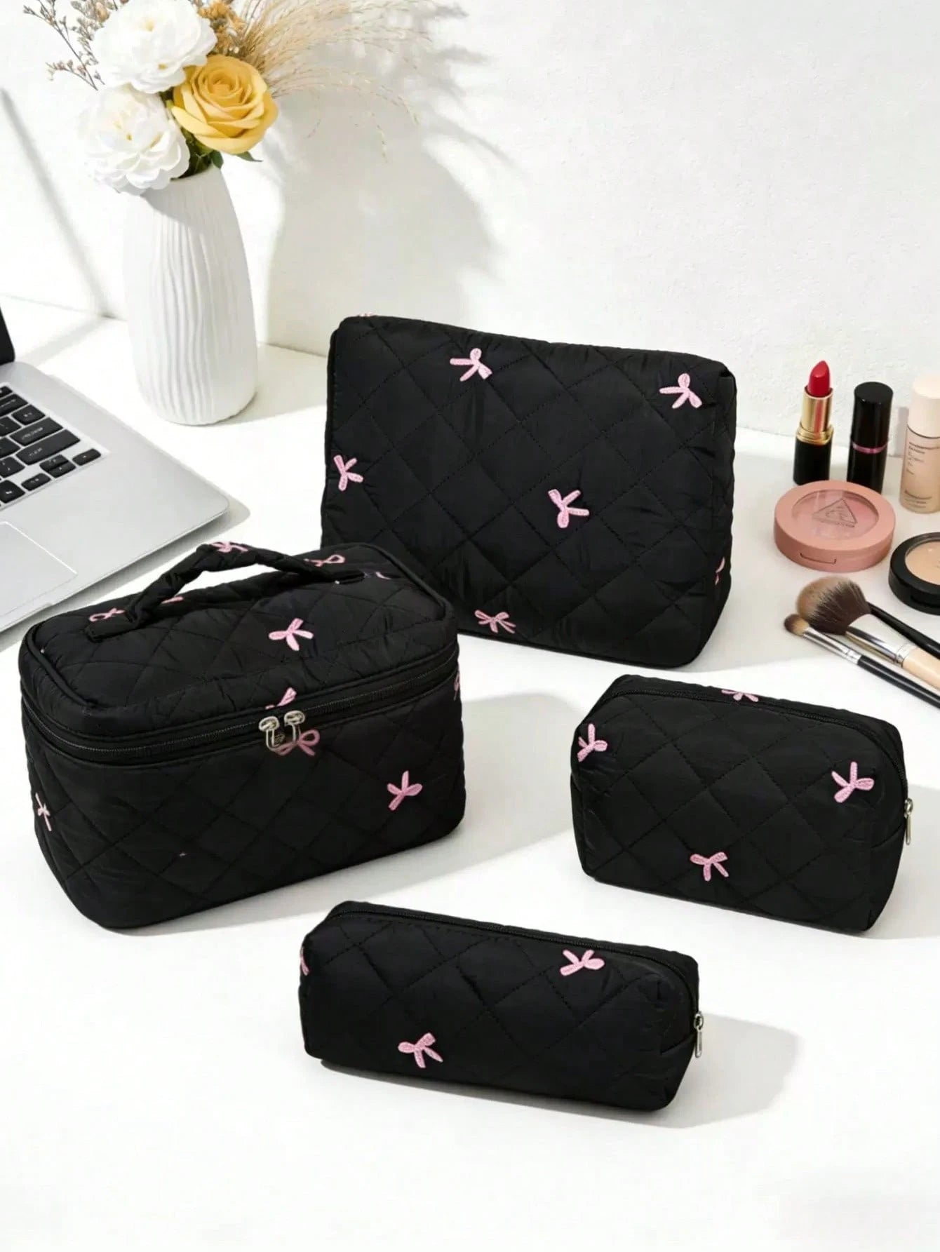 New Embroidered Bowknot Series Makeup Bag, Highly Attractive Fresh Minimalist Versatile, Quilted Grid Embroidered Bowknot Pattern Women's Cosmetic Tool Storage Bag, Daily Necessities Storage Bag, Stud