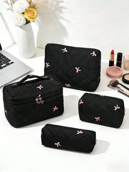 New Embroidered Bowknot Series Makeup Bag, Highly Attractive Fresh Minimalist Versatile, Quilted Grid Embroidered Bowknot Pattern Women's Cosmetic Tool Storage Bag, Daily Necessities Storage Bag, Stud
