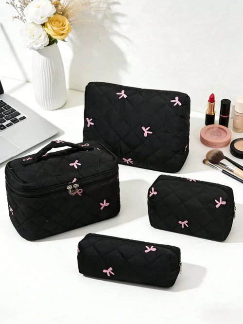 New Embroidered Bowknot Series Makeup Bag, Highly Attractive Fresh Minimalist Versatile, Quilted Grid Embroidered Bowknot Pattern Women's Cosmetic Tool Storage Bag, Daily Necessities Storage Bag, Stud