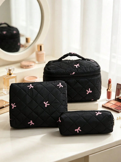 New Embroidered Bowknot Series Makeup Bag, Highly Attractive Fresh Minimalist Versatile, Quilted Grid Embroidered Bowknot Pattern Women's Cosmetic Tool Storage Bag, Daily Necessities Storage Bag, Stud
