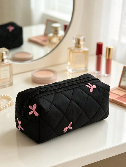 New Embroidered Bowknot Series Makeup Bag, Highly Attractive Fresh Minimalist Versatile, Quilted Grid Embroidered Bowknot Pattern Women's Cosmetic Tool Storage Bag, Daily Necessities Storage Bag, Stud