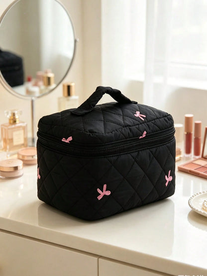 New Embroidered Bowknot Series Makeup Bag, Highly Attractive Fresh Minimalist Versatile, Quilted Grid Embroidered Bowknot Pattern Women's Cosmetic Tool Storage Bag, Daily Necessities Storage Bag, Stud