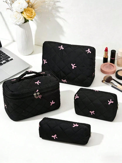 New Embroidered Bowknot Series Makeup Bag, Highly Attractive Fresh Minimalist Versatile, Quilted Grid Embroidered Bowknot Pattern Women's Cosmetic Tool Storage Bag, Daily Necessities Storage Bag, Stud