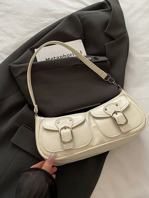 New Fashion Double Pocket Decor Tote Shoulder Bag, Suitable For Parties, Outings, Vacations, Shopping And Daily Use, Can Hold Coins, Phones, Also Suitable As Work Bag For Office Ladies, College Studen