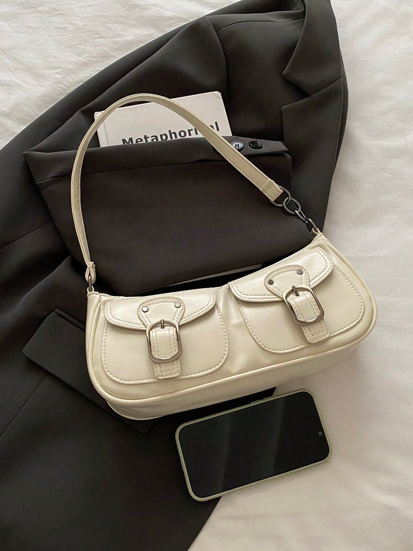 New Fashion Double Pocket Decor Tote Shoulder Bag, Suitable For Parties, Outings, Vacations, Shopping And Daily Use, Can Hold Coins, Phones, Also Suitable As Work Bag For Office Ladies, College Studen