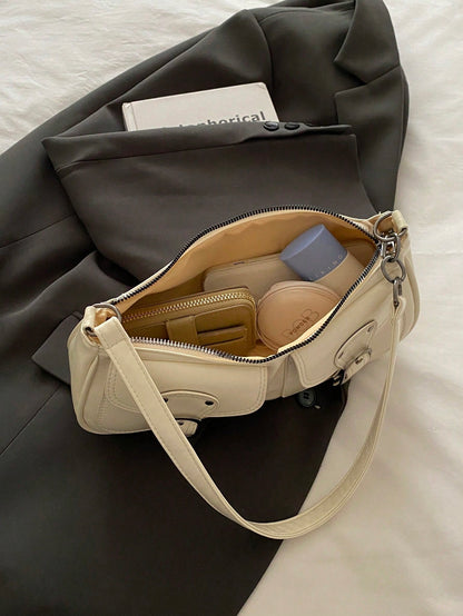 New Fashion Double Pocket Decor Tote Shoulder Bag, Suitable For Parties, Outings, Vacations, Shopping And Daily Use, Can Hold Coins, Phones, Also Suitable As Work Bag For Office Ladies, College Studen