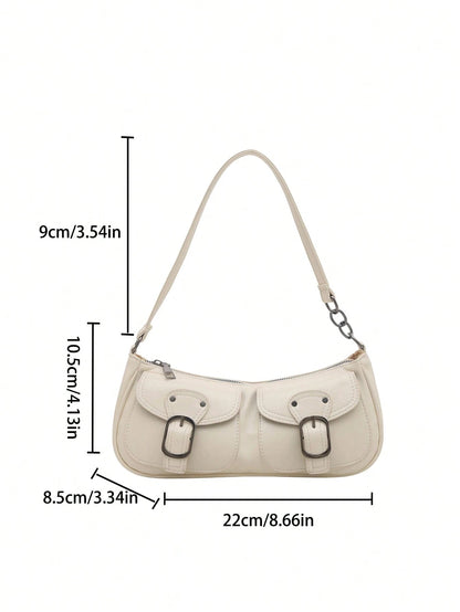 New Fashion Double Pocket Decor Tote Shoulder Bag, Suitable For Parties, Outings, Vacations, Shopping And Daily Use, Can Hold Coins, Phones, Also Suitable As Work Bag For Office Ladies, College Studen