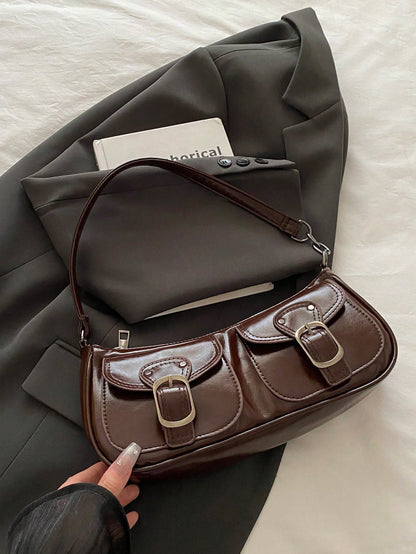 New Fashion Double Pocket Decor Tote Shoulder Bag, Suitable For Parties, Outings, Vacations, Shopping And Daily Use, Can Hold Coins, Phones, Also Suitable As Work Bag For Office Ladies, College Studen