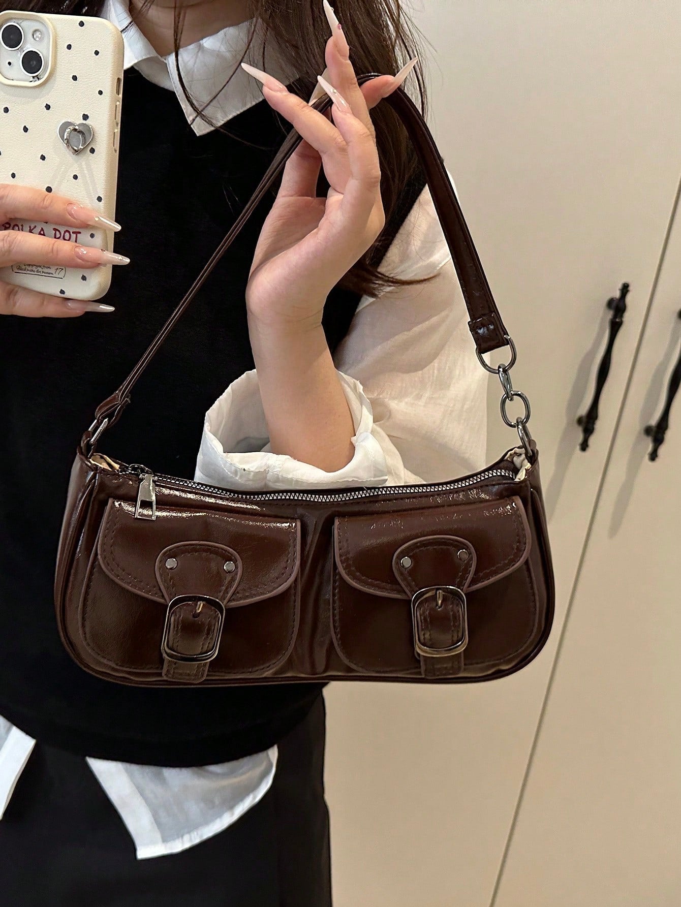 New Fashion Double Pocket Decor Tote Shoulder Bag, Suitable For Parties, Outings, Vacations, Shopping And Daily Use, Can Hold Coins, Phones, Also Suitable As Work Bag For Office Ladies, College Studen