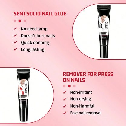New Quick Dry Upgraded Version 10g Semi-Solid Nail Glue With 10g Remover, Press On Nail Tips, No UV Lamp Required, Long Lasting False Acrylic Nail Kit Glue Gel